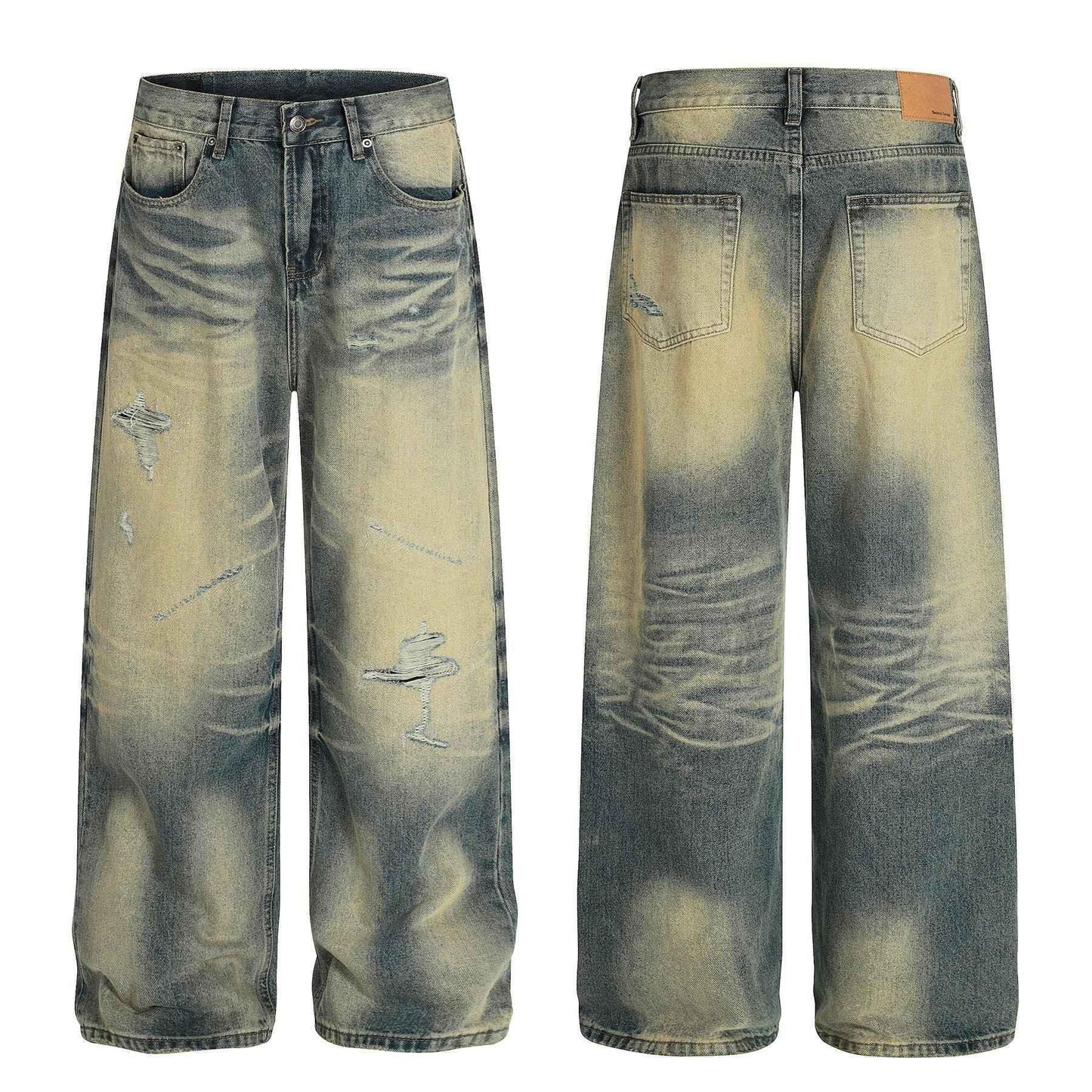 Style Trendy Street Retro Vintage Blue Cat Whisker Pattern Distressed Design Loose Fit Men's Jeans | MuddyStock Originals