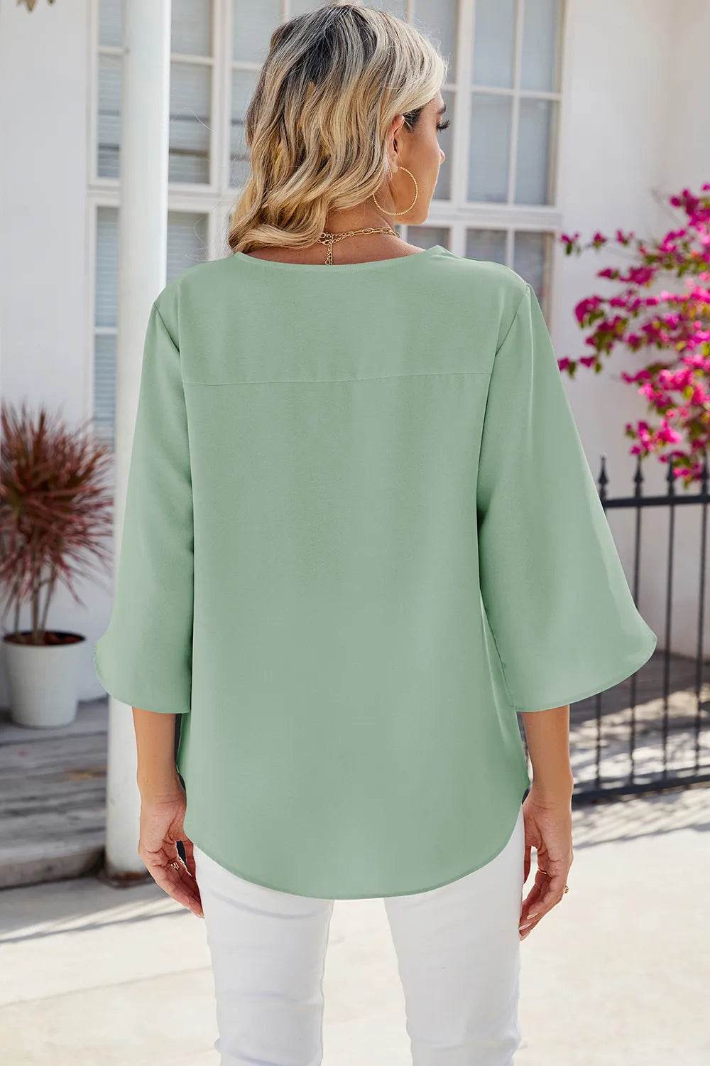 Solid color V-neck mid sleeved loose chiffon women's top | MuddyStock Originals MuddyStock