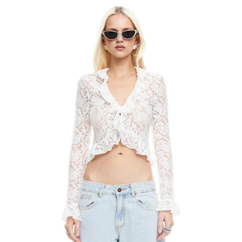 Elegant Lace Splicing Cardigan Top for Women | MuddyStock Originals White