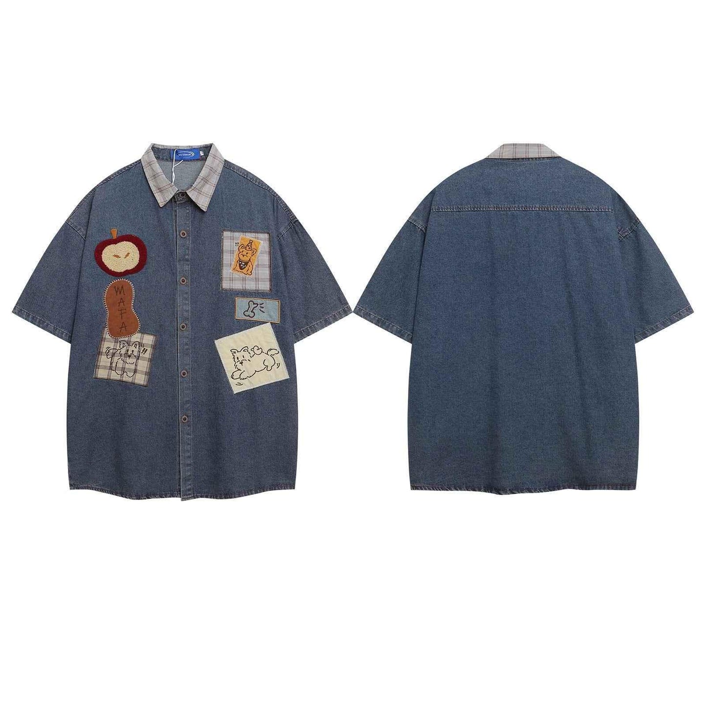 Retro Dog Embroidery Splicing Turn-Down Collar Denim Short Sleeve Shirt For Men Ands Women