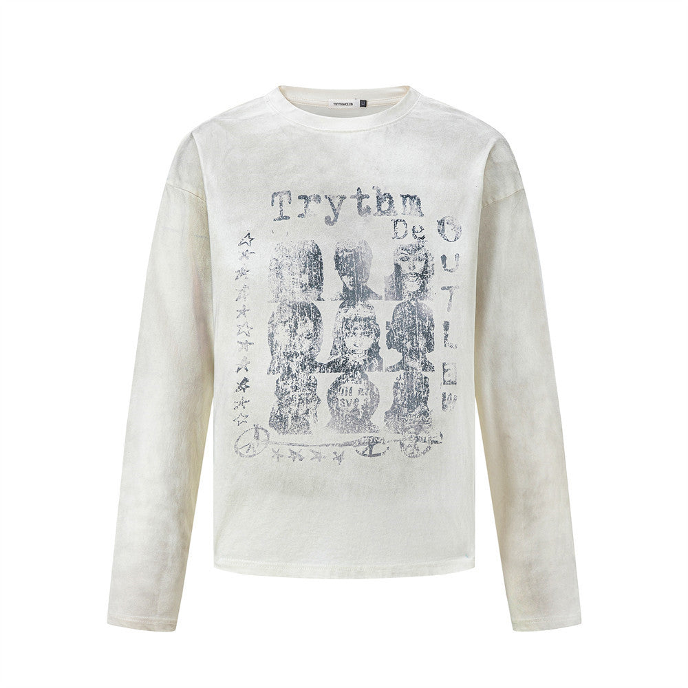 Men's Vintage Streetwear Distressed Portrait Grid Print Long Sleeve Crew Neck T-Shirt Dirty Beige