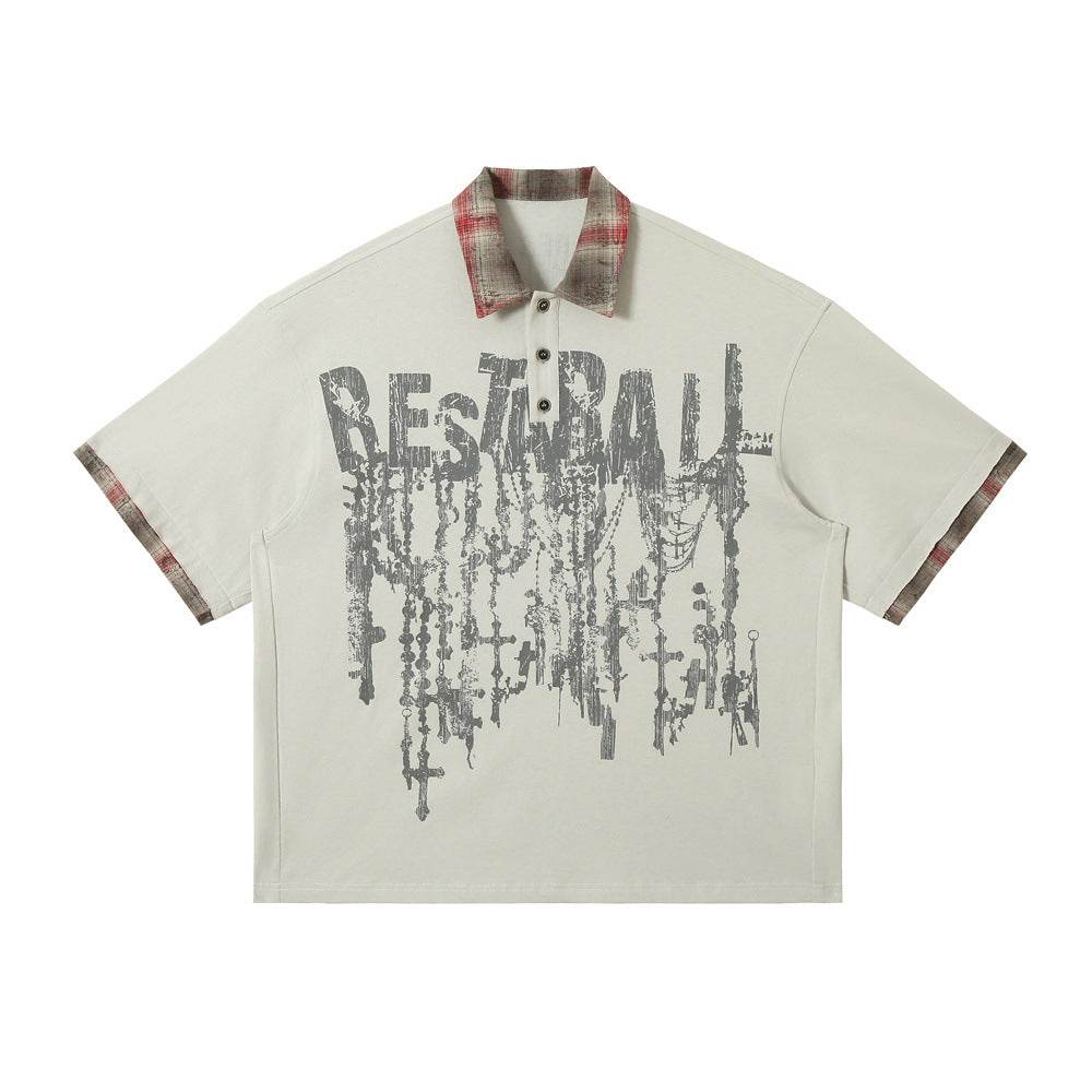 Lapel Graffiti Printing Loose Short-sleeved T-shirt For Men Wild Red MuddyStock