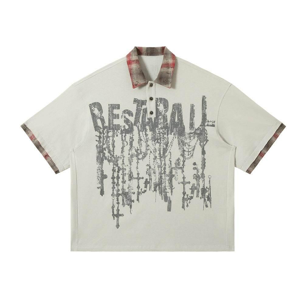Lapel Graffiti Printing Loose Short-sleeved T-shirt For Men Wild Red