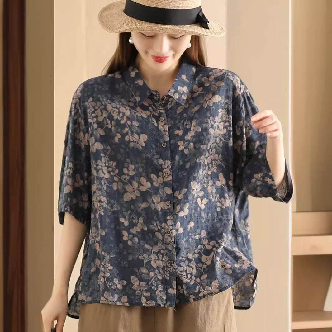 Retro Fried Color Printing Cotton Linen Shirt Dark Blue Free Size MuddyStock
