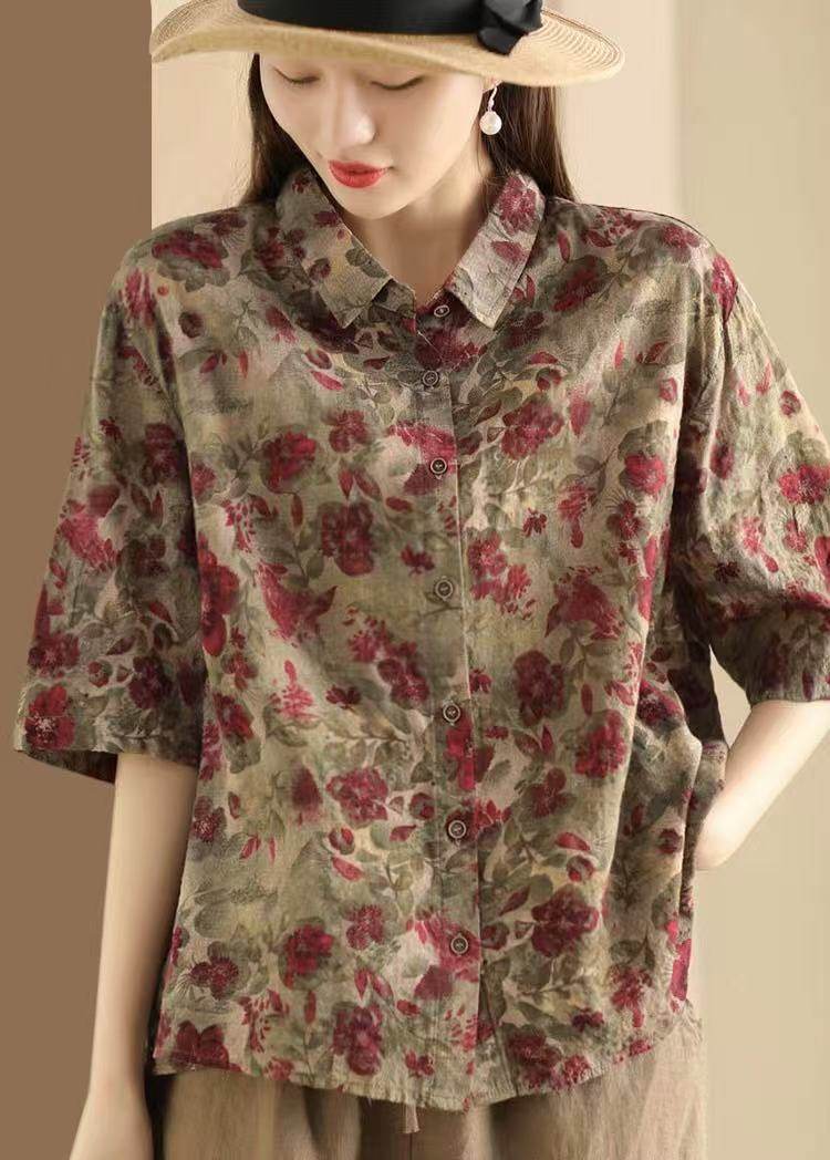 Retro Fried Color Printing Cotton Linen Shirt Red Free Size MuddyStock