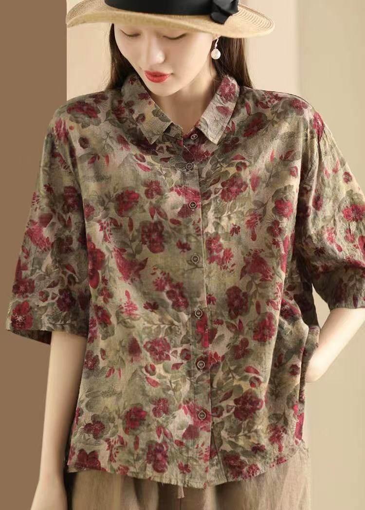 Retro Fried Color Printing Cotton Linen Shirt Red Free Size