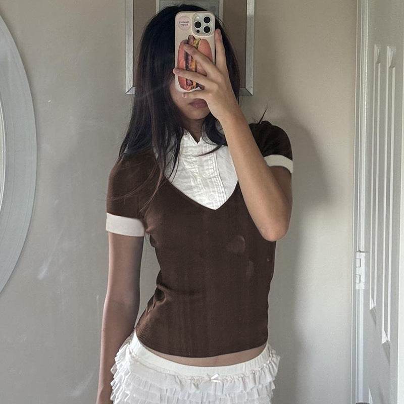 American Retro Polo Collar Stitching Fake Two Pieces Short Sleeve T-shirt For Women MuddyStock