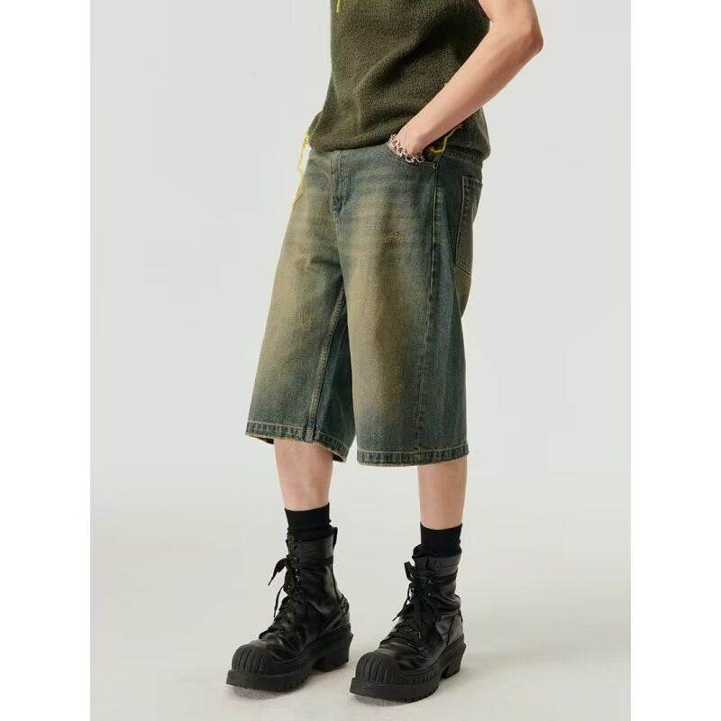 Washed Casual Baggy Straight Trousers Middle Ripped Cropped Pants MuddyStock