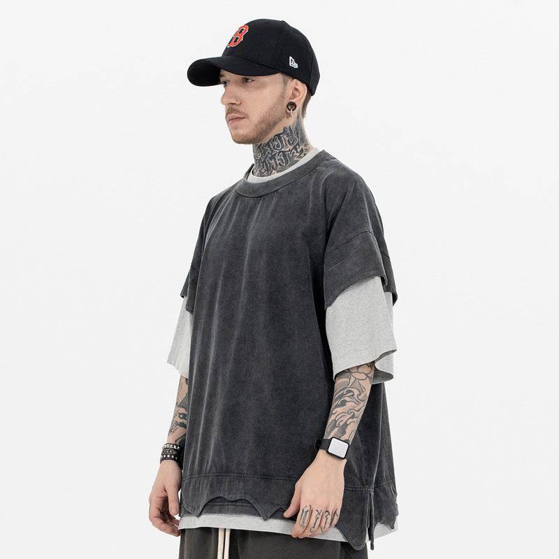 Distressed Heavy Patchwork Retro Double-layer Color Matching Short-sleeved T-shirt MuddyStock