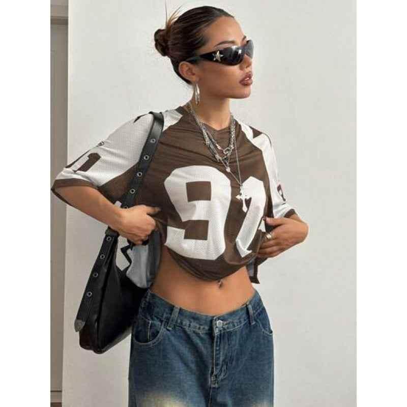Sports Style Printed Contrast Color Mesh Short-sleeved T-shirt Jersey SVLTX TGBH4