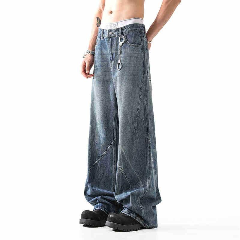 Lightning Pattern Washed Straight Jeans Men Blue