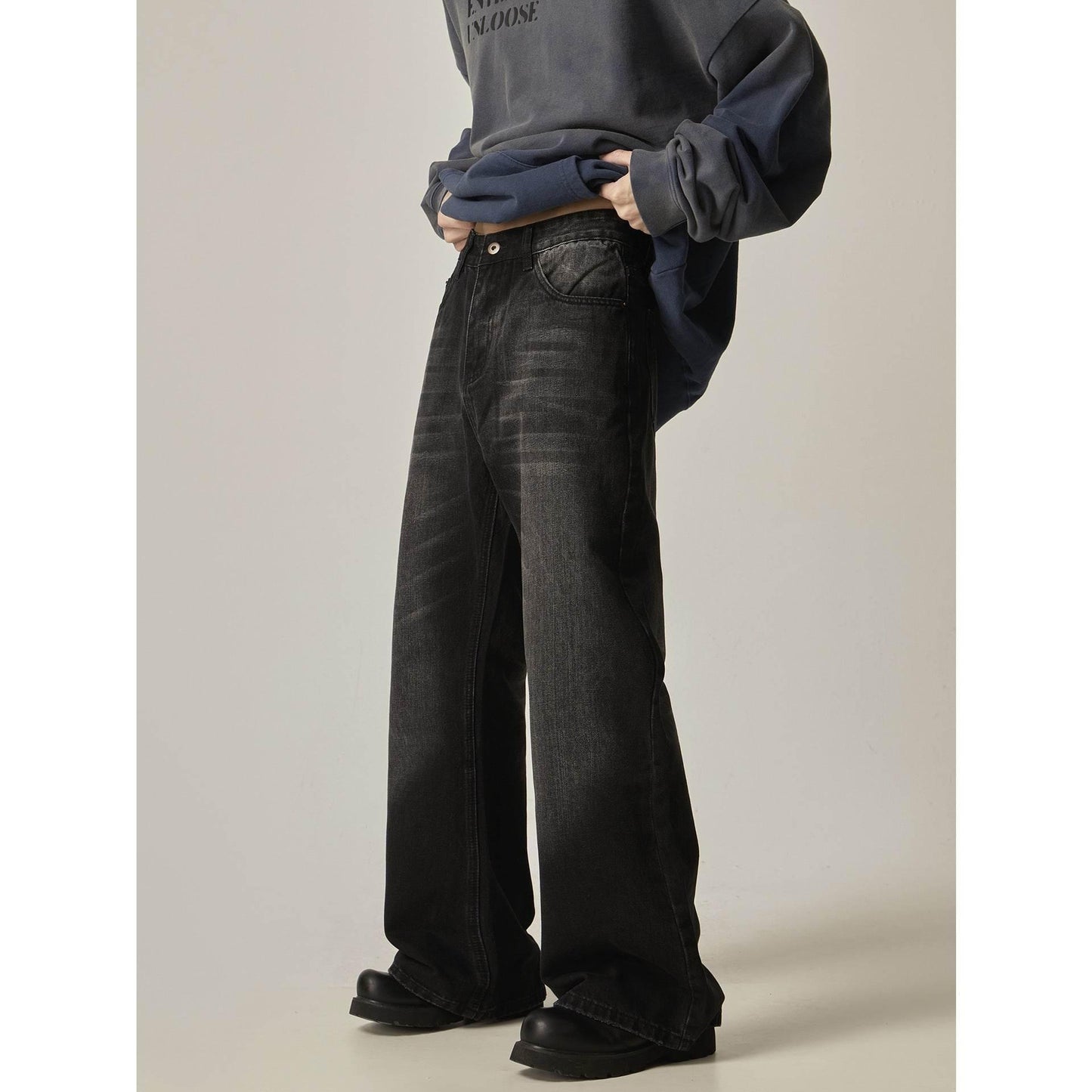 American Retro Black Loose Straight Jeans