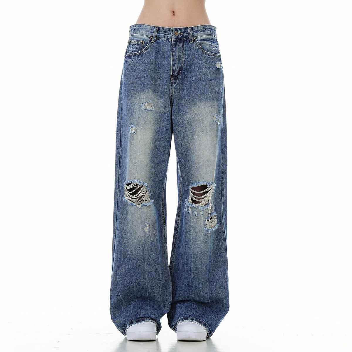Women's Ripped Washed Blue Jeans Blue MuddyStock