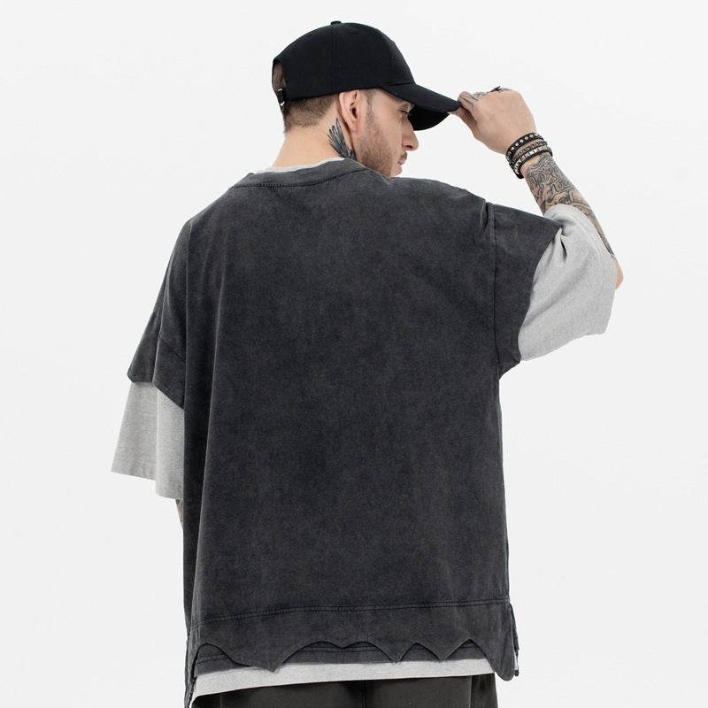Distressed Heavy Patchwork Retro Double-layer Color Matching Short-sleeved T-shirt MuddyStock