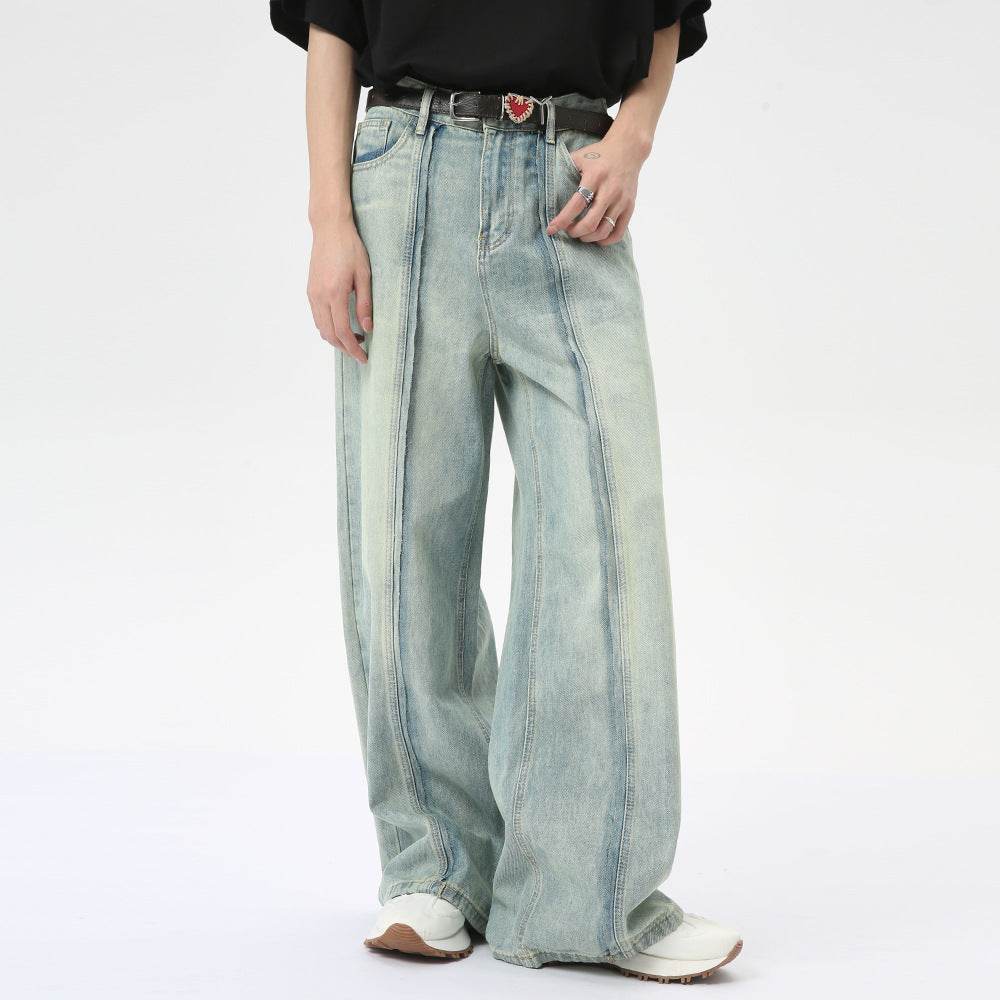 Retro Light Color Stitching Design Straight Wide Leg Jeans For Men MuddyStock