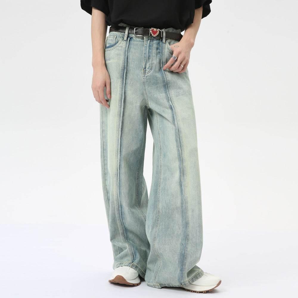 Retro Light Color Stitching Design Straight Wide Leg Jeans For Men