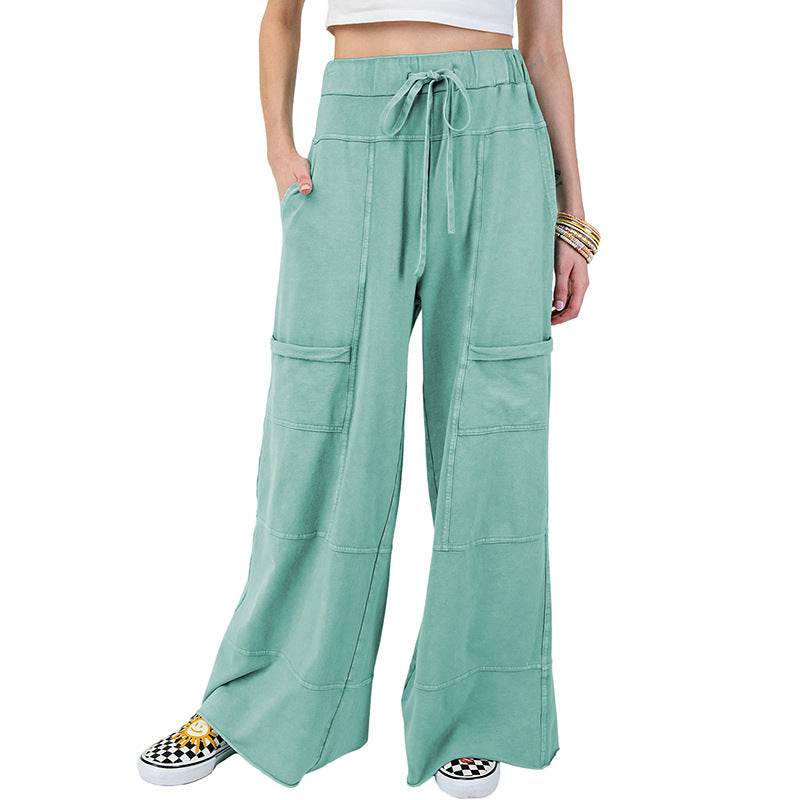 Pure Color Washed Multi-pocket Slacks Green MuddyStock