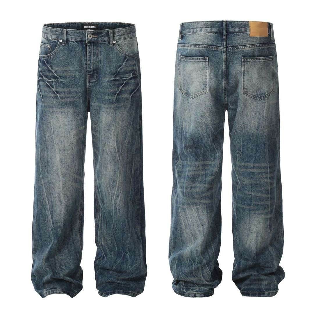 American Retro Lightning Blue Straight Jeans For Men MuddyStock