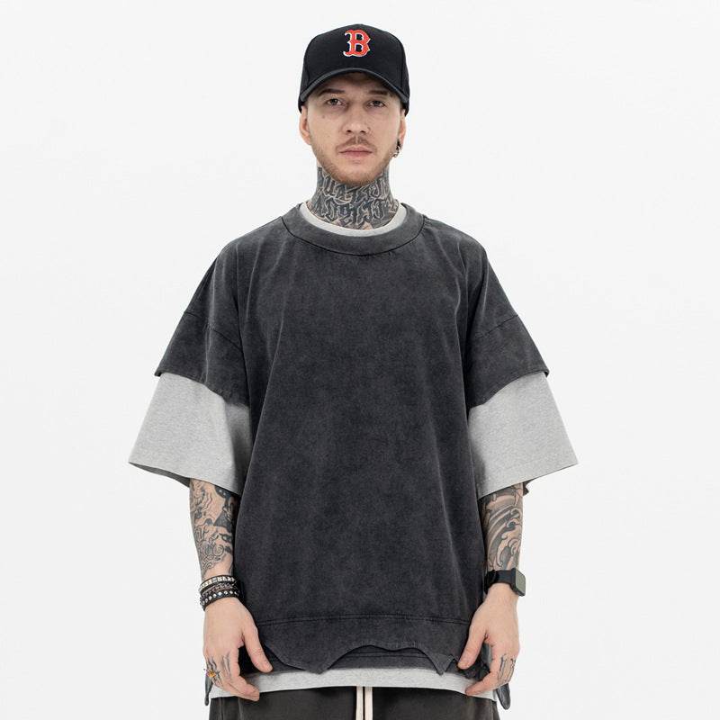 Distressed Heavy Patchwork Retro Double-layer Color Matching Short-sleeved T-shirt MuddyStock