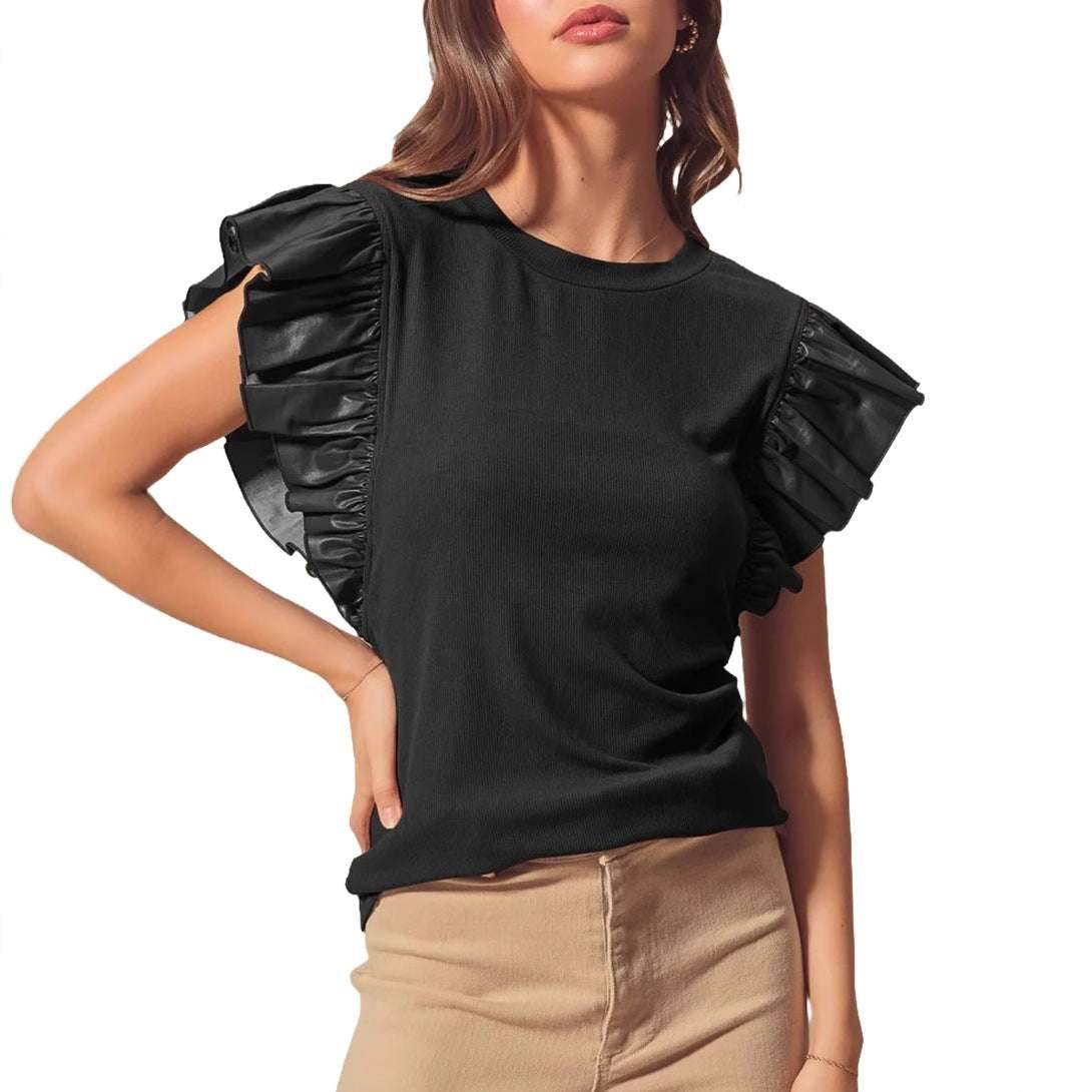 Pullover Women's Mesh Stitching Ruffle Cotton Short Sleeve Solid Color T-shirt MuddyStock