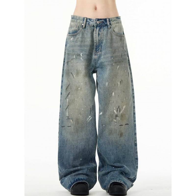 Splash-ink Jeans Men's Retro Washed Distressed Baggy Straight Trousers MuddyStock