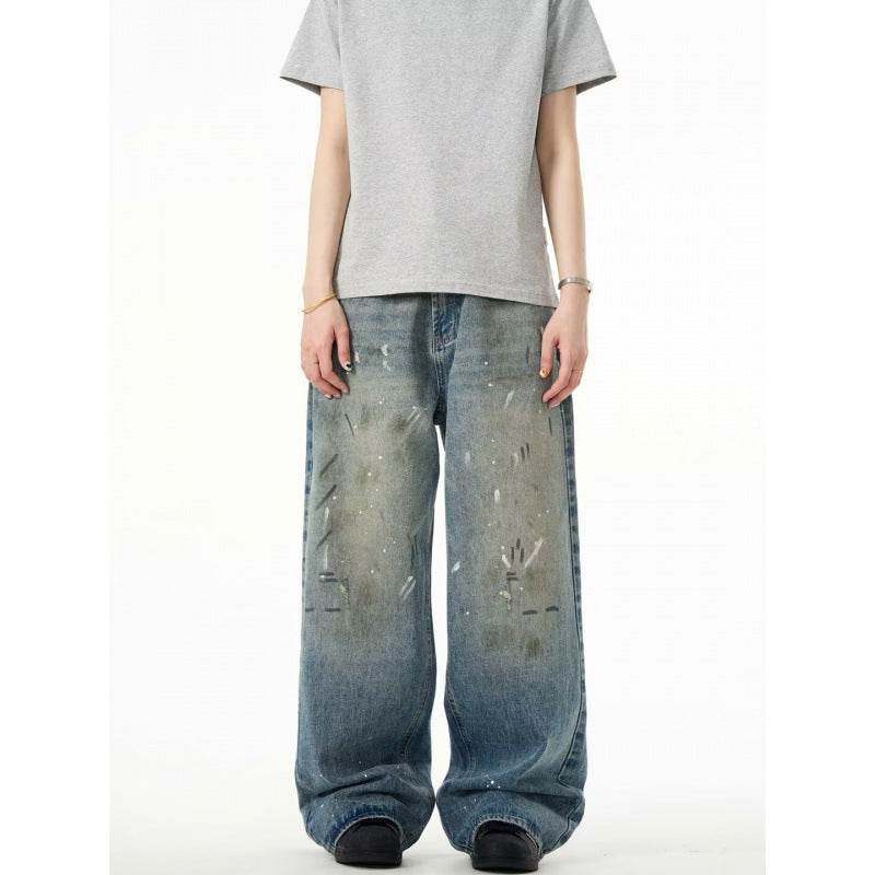 Splash-ink Jeans Men's Retro Washed Distressed Baggy Straight Trousers MuddyStock