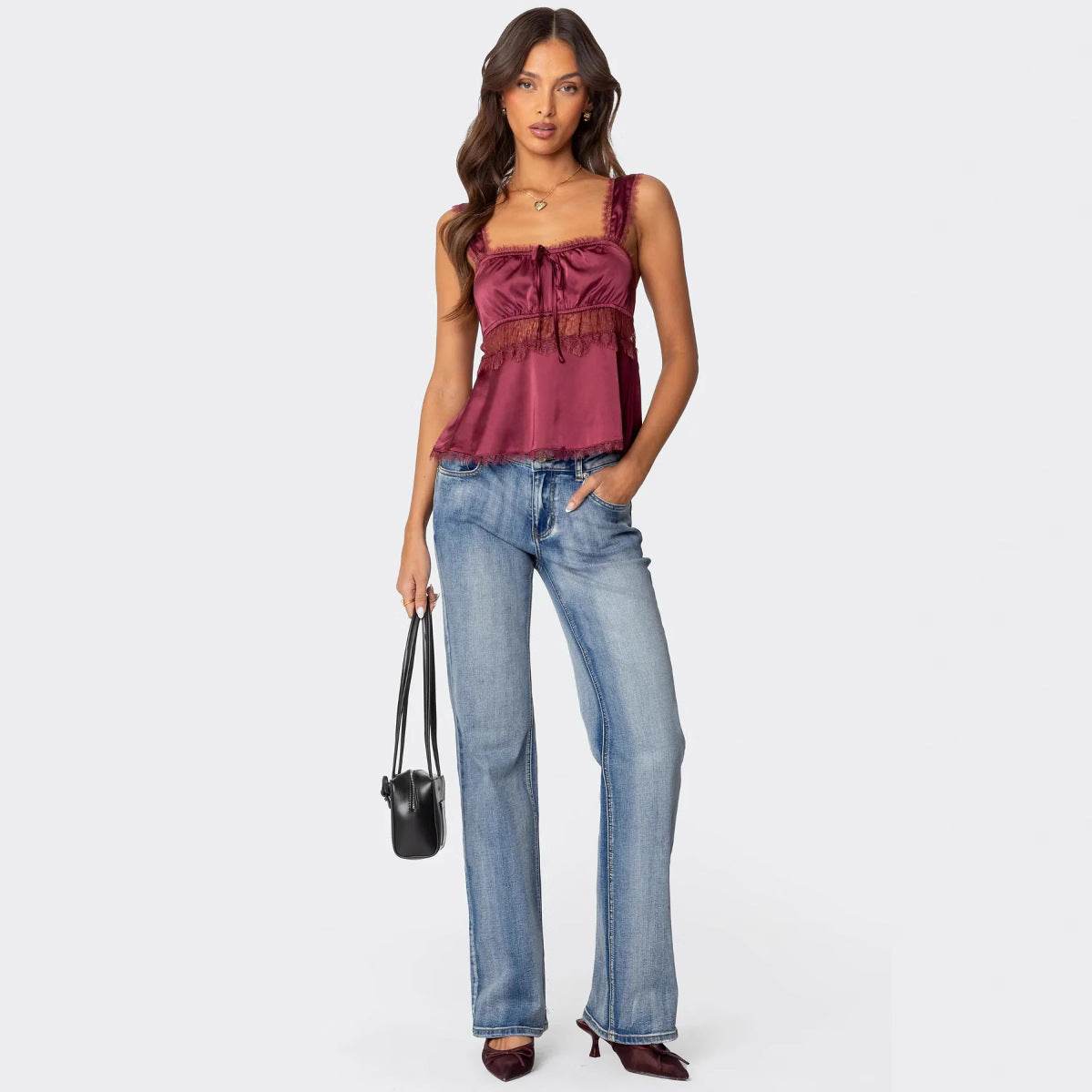 Stitching Lace Spaghetti-strap Camisole Top Wine Red MuddyStock