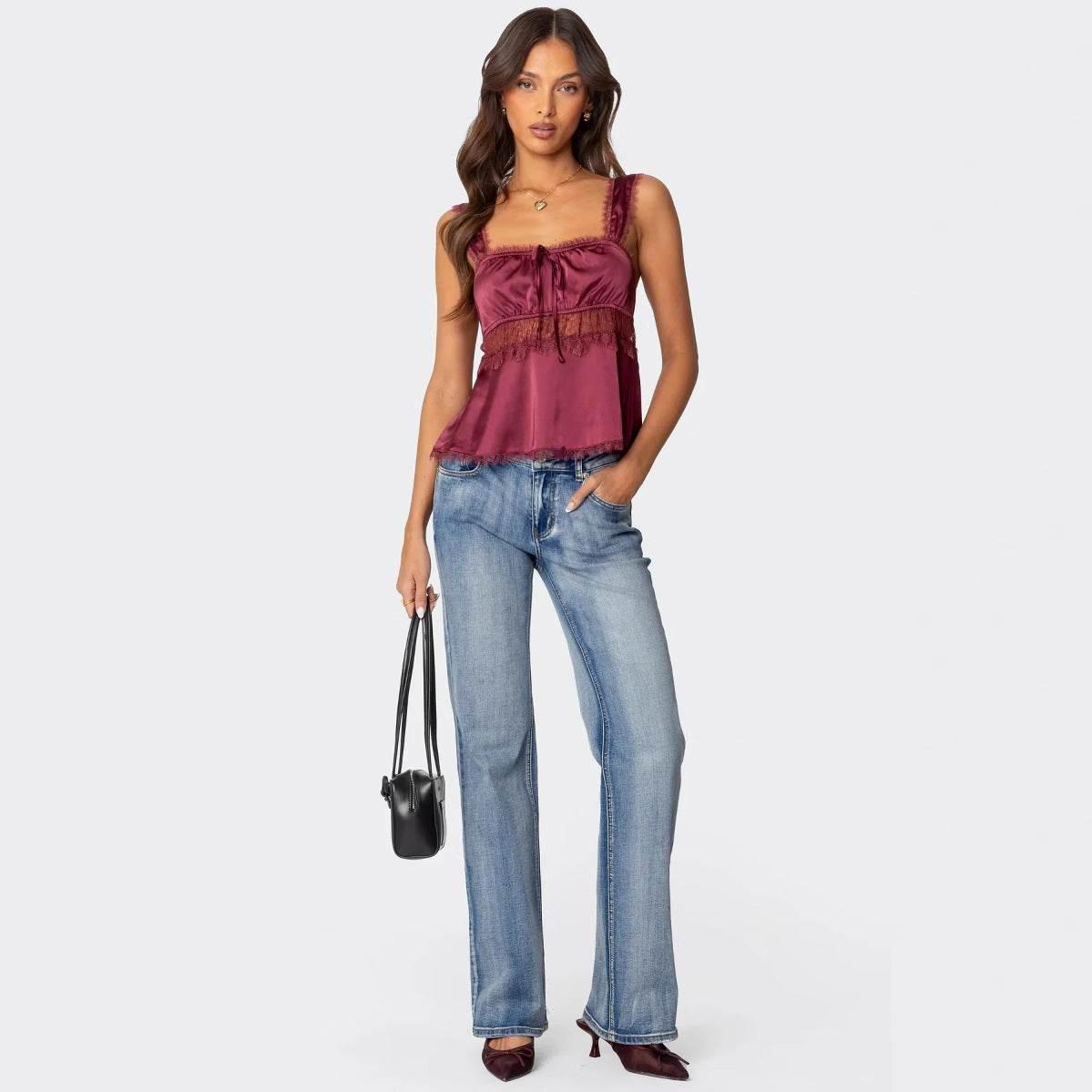 Stitching Lace Spaghetti-strap Camisole Top Wine Red
