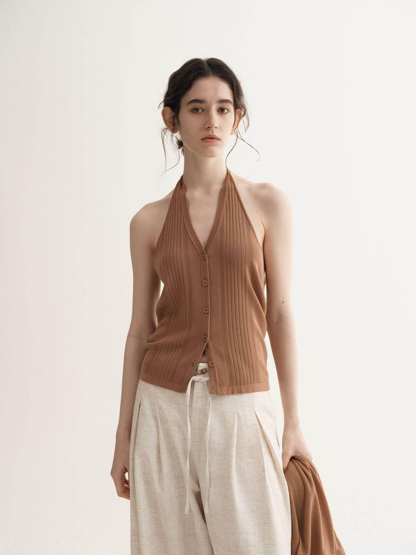 Backless Halter Vest Women's Spring Slim-fit Knitted Cardigan Sweater Khaki