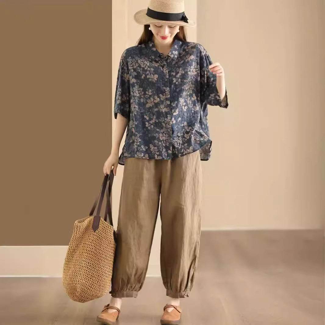 Retro Fried Color Printing Cotton Linen Shirt MuddyStock