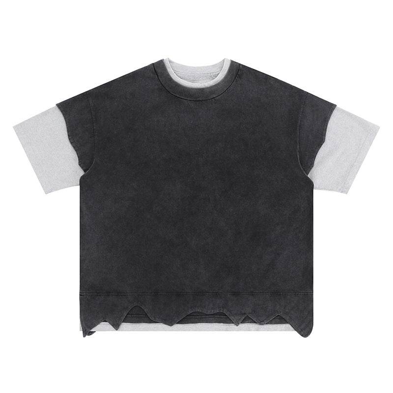 Distressed Heavy Patchwork Retro Double-layer Color Matching Short-sleeved T-shirt Black MuddyStock