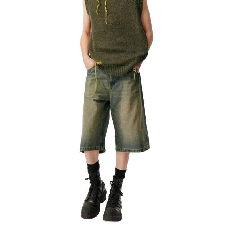 Washed Casual Baggy Straight Trousers Middle Ripped Cropped Pants MuddyStock