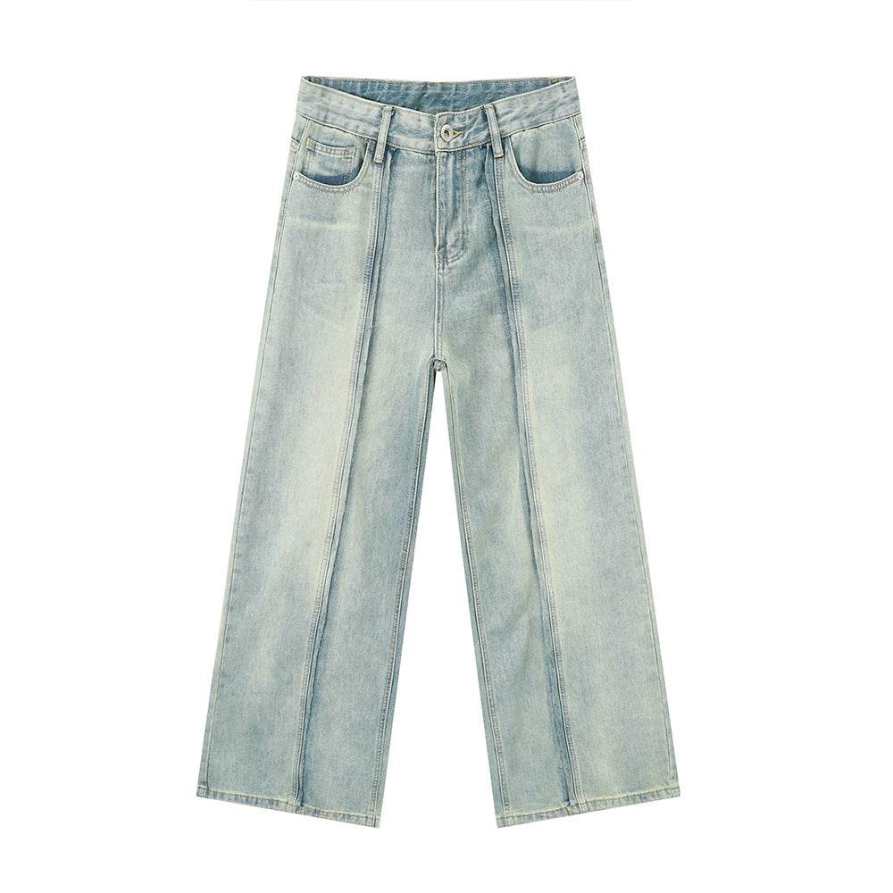 Retro Light Color Stitching Design Straight Wide Leg Jeans For Men Blue MuddyStock