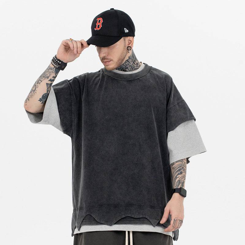 Distressed Heavy Patchwork Retro Double-layer Color Matching Short-sleeved T-shirt MuddyStock
