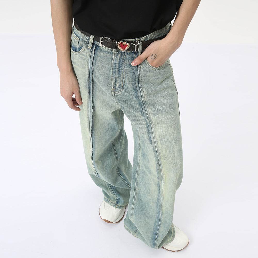 Retro Light Color Stitching Design Straight Wide Leg Jeans For Men MuddyStock