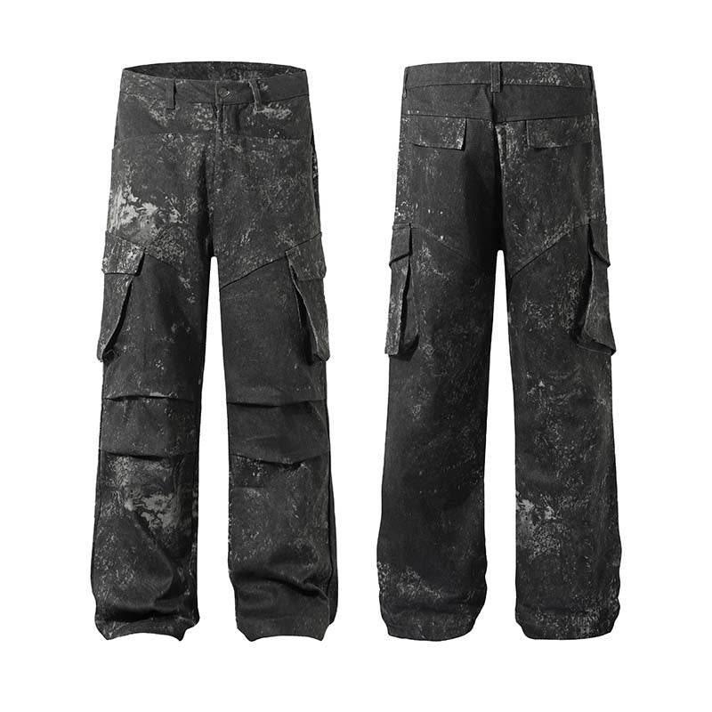 High Street American Splash-ink Distressed Pleated Multi-pocket Cargo Pants For Men And Women