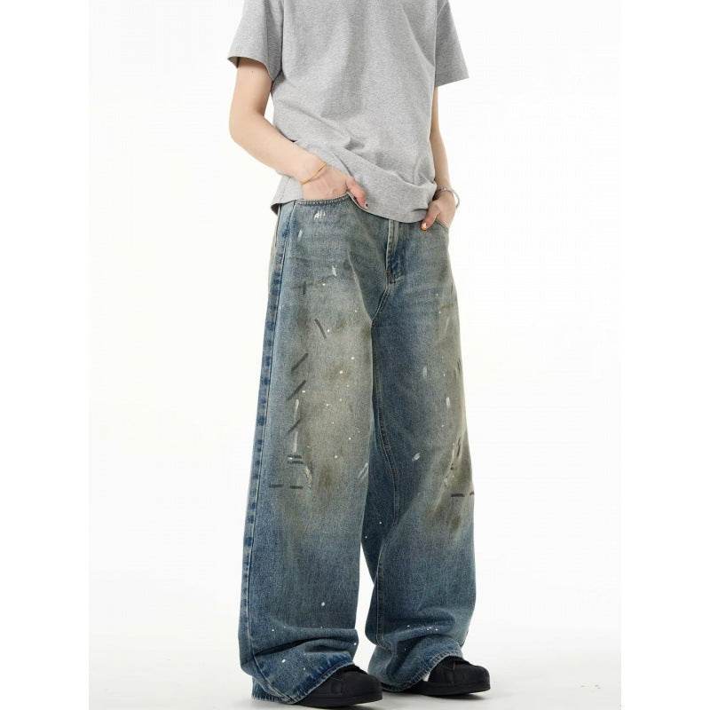 Splash-ink Jeans Men's Retro Washed Distressed Baggy Straight Trousers MuddyStock