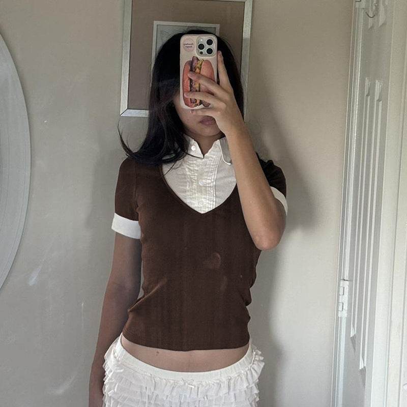 American Retro Polo Collar Stitching Fake Two Pieces Short Sleeve T-shirt For Women MuddyStock