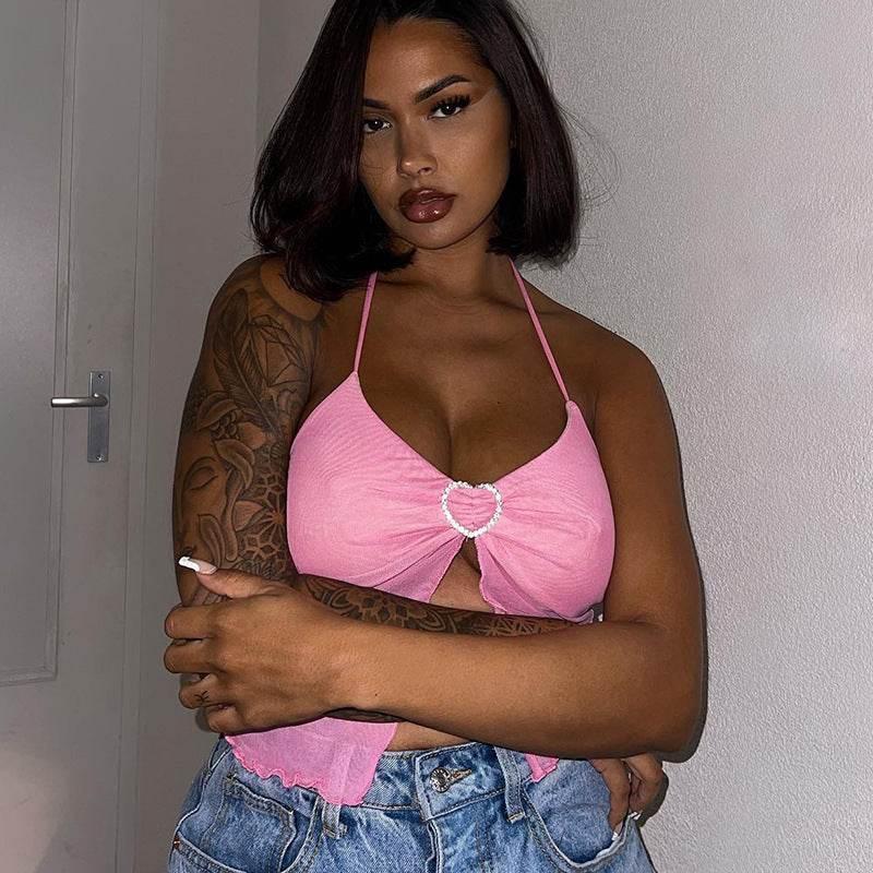 Pink Mesh Stitching Chest-wrapped Halter Vest For Women