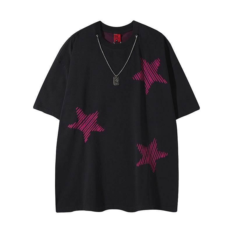 Cool Contrast Color Five-pointed Star Loose Top For Men And Women Black MuddyStock