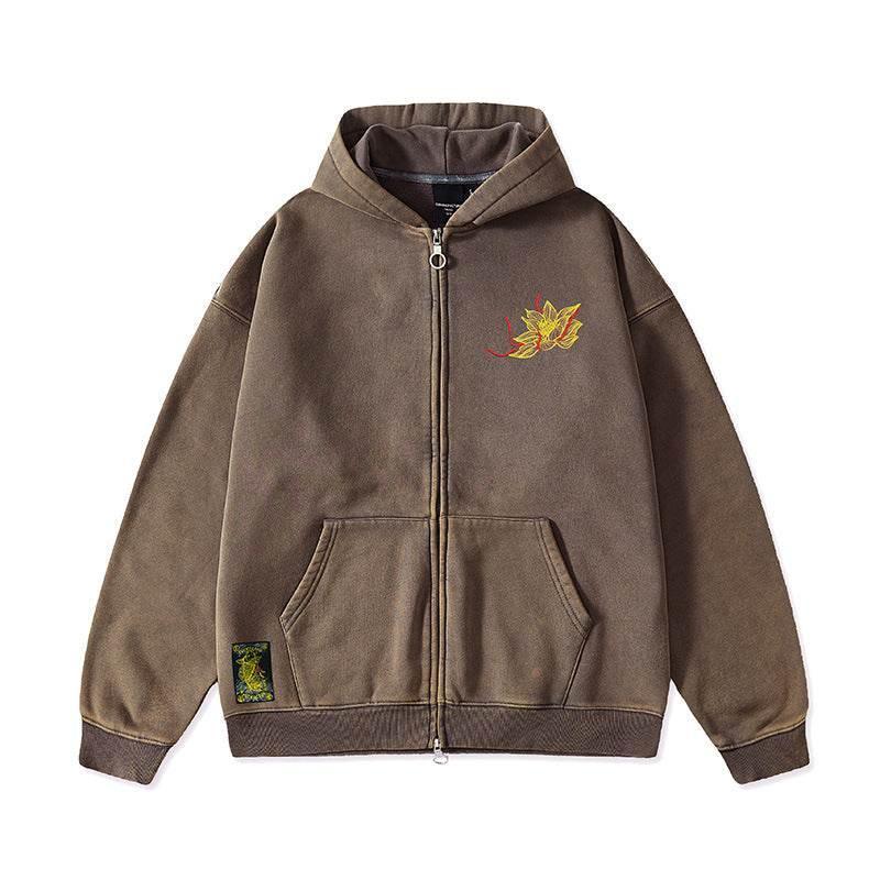 Autumn And Winter Fleece-lined Vintage Chinese Style Embroidered Hoodie Gray