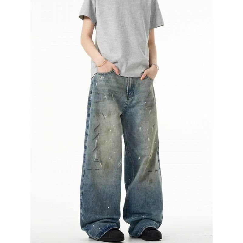 Splash-ink Jeans Men's Retro Washed Distressed Baggy Straight Trousers MuddyStock