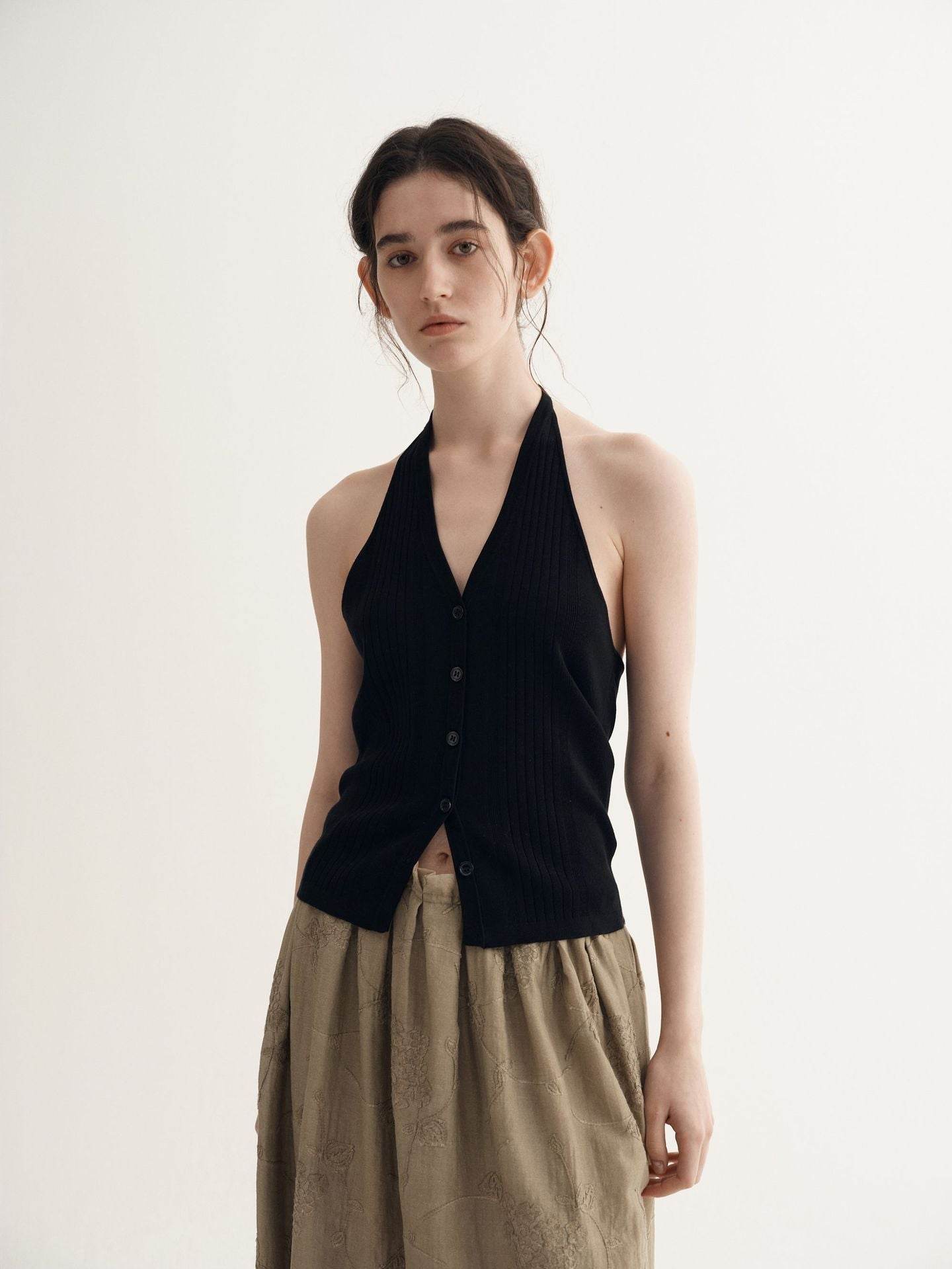 Backless Halter Vest Women's Spring Slim-fit Knitted Cardigan Sweater Black MuddyStock