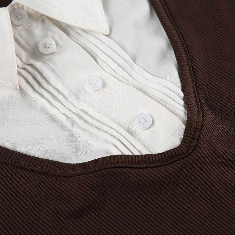 American Retro Polo Collar Stitching Fake Two Pieces Short Sleeve T-shirt For Women MuddyStock