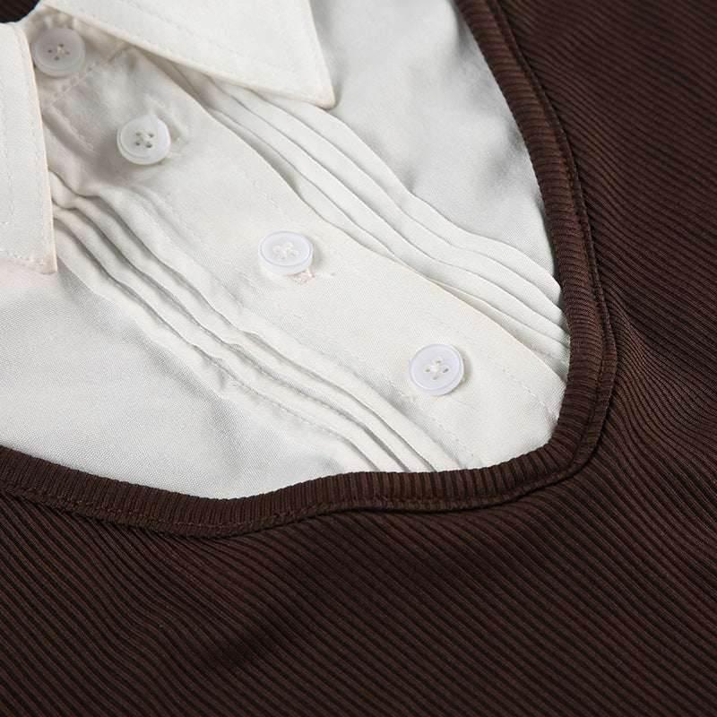 American Retro Polo Collar Stitching Fake Two Pieces Short Sleeve T-shirt For Women
