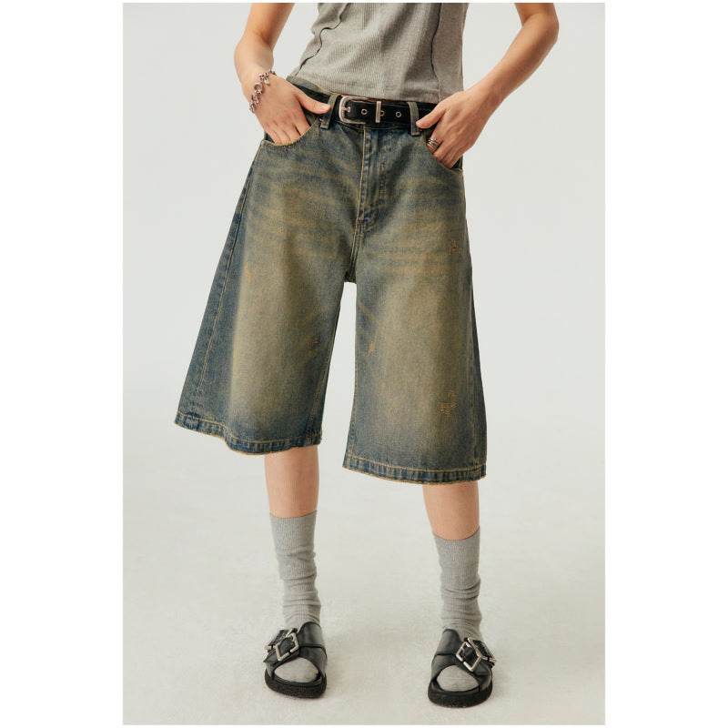 Washed Casual Baggy Straight Trousers Middle Ripped Cropped Pants MuddyStock