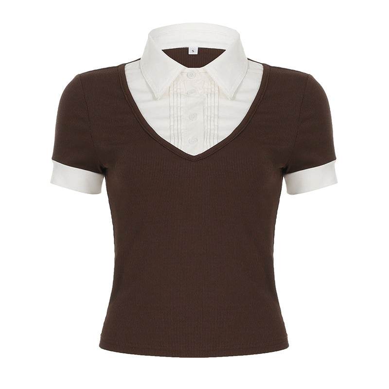 American Retro Polo Collar Stitching Fake Two Pieces Short Sleeve T-shirt For Women Brown MuddyStock