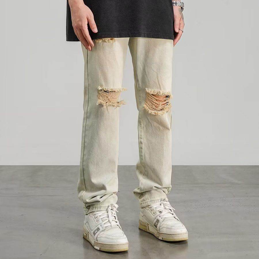 Ripped Jeans Men's Thin Yellow Mud Color Wide Leg MuddyStock