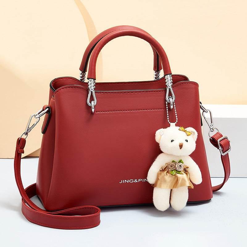 Handbag Shoulder Large Capacity Soft Leather Bear Pendant Women's Bag Wine Red