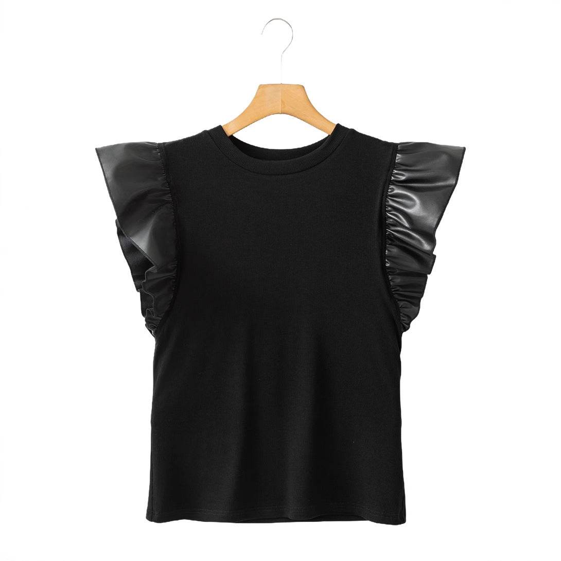 Pullover Women's Mesh Stitching Ruffle Cotton Short Sleeve Solid Color T-shirt MuddyStock